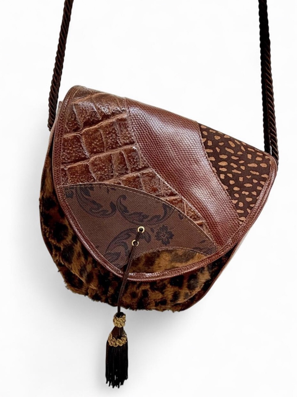 Vintage 80s Alessandro Muti Italian Mixed-Media Crossbody Leopard Tassel Bag